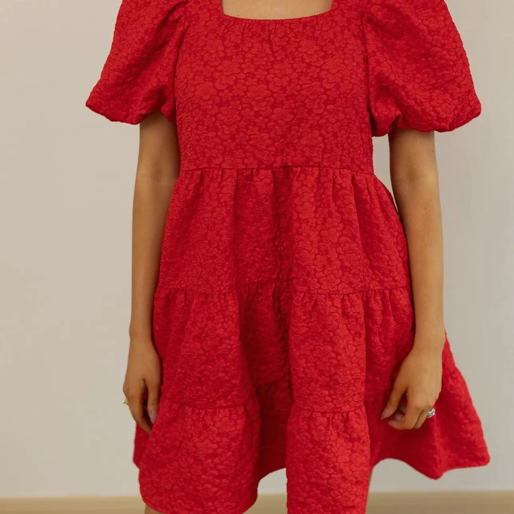 NEW Red Jacquard Puff Sleeve Christmas/Holiday Dress